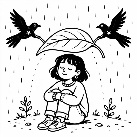 Ilustración: una joven protegida de la lluvia bajo una hoja sostenida por dos pájaros