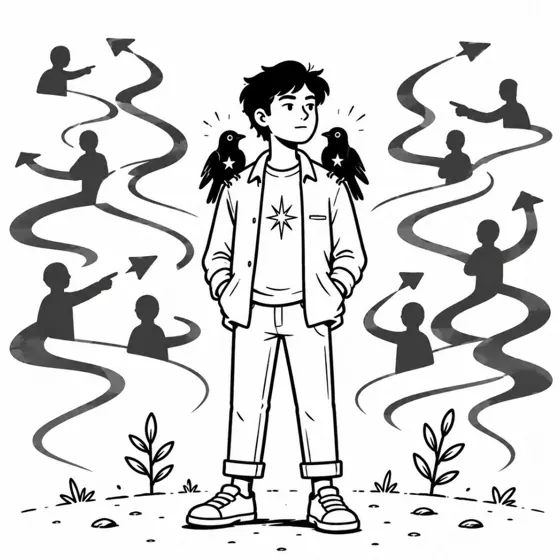 Ilustración: un joven de pie, firme, entre caminos que lo empujan en otras direcciones