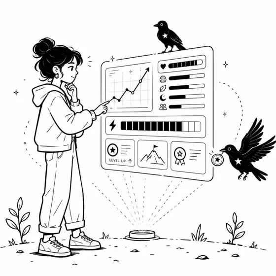 Ilustración: una joven frente a un panel de progreso con gráficos
