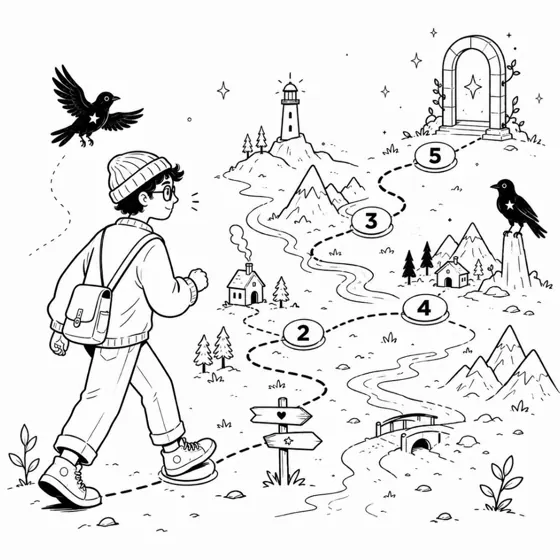Ilustración: un joven recorriendo un mapa de aventura con etapas numeradas