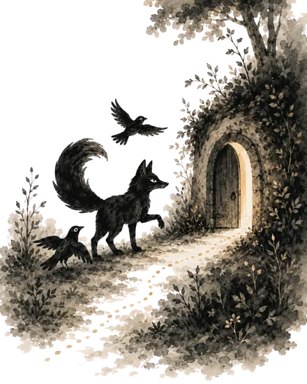 Ilustración: el zorro EIGEN frente a una puerta en un sendero