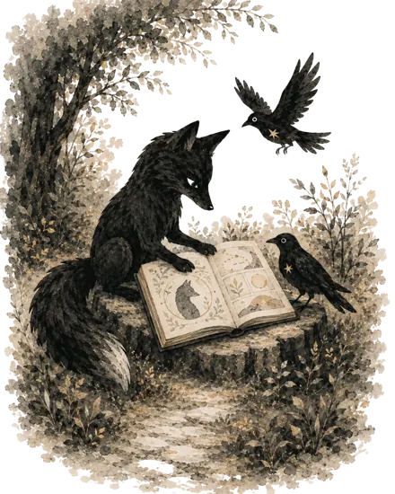Ilustración: el zorro EIGEN leyendo un libro junto a un pájaro
