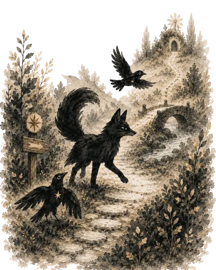Ilustración: el zorro EIGEN avanzando por un sendero acompañado de pájaros