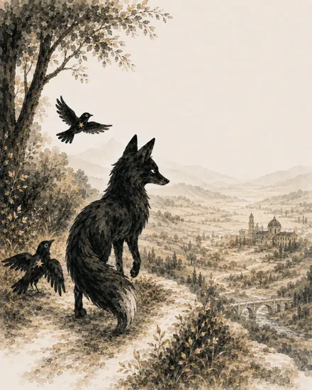 Ilustración: el zorro EIGEN mirando un paisaje abierto desde un camino