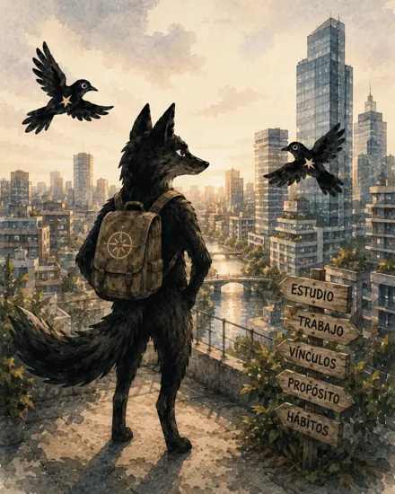 Ilustración: el zorro EIGEN con mochila frente a una ciudad
